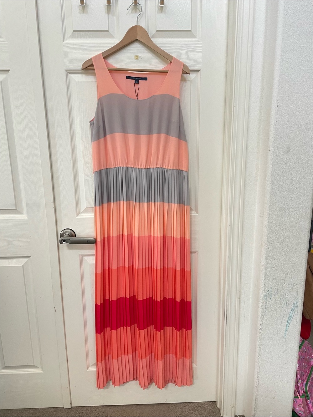 Tommy Hilfiger Coral, Gray & Pink Striped Pleated Maxi Dress
